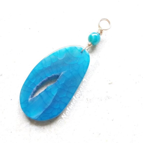 Blue Agate Geode Slice with Sugar Crystal Rim - Pendant - Azure & Ocean Blues - Picture 2 of 11